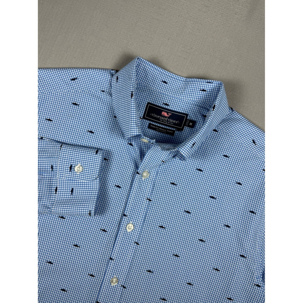 Vineyard Vines Mens Slim Fit Whale Shirt Blue Gingham Shark Embroidered Medium
